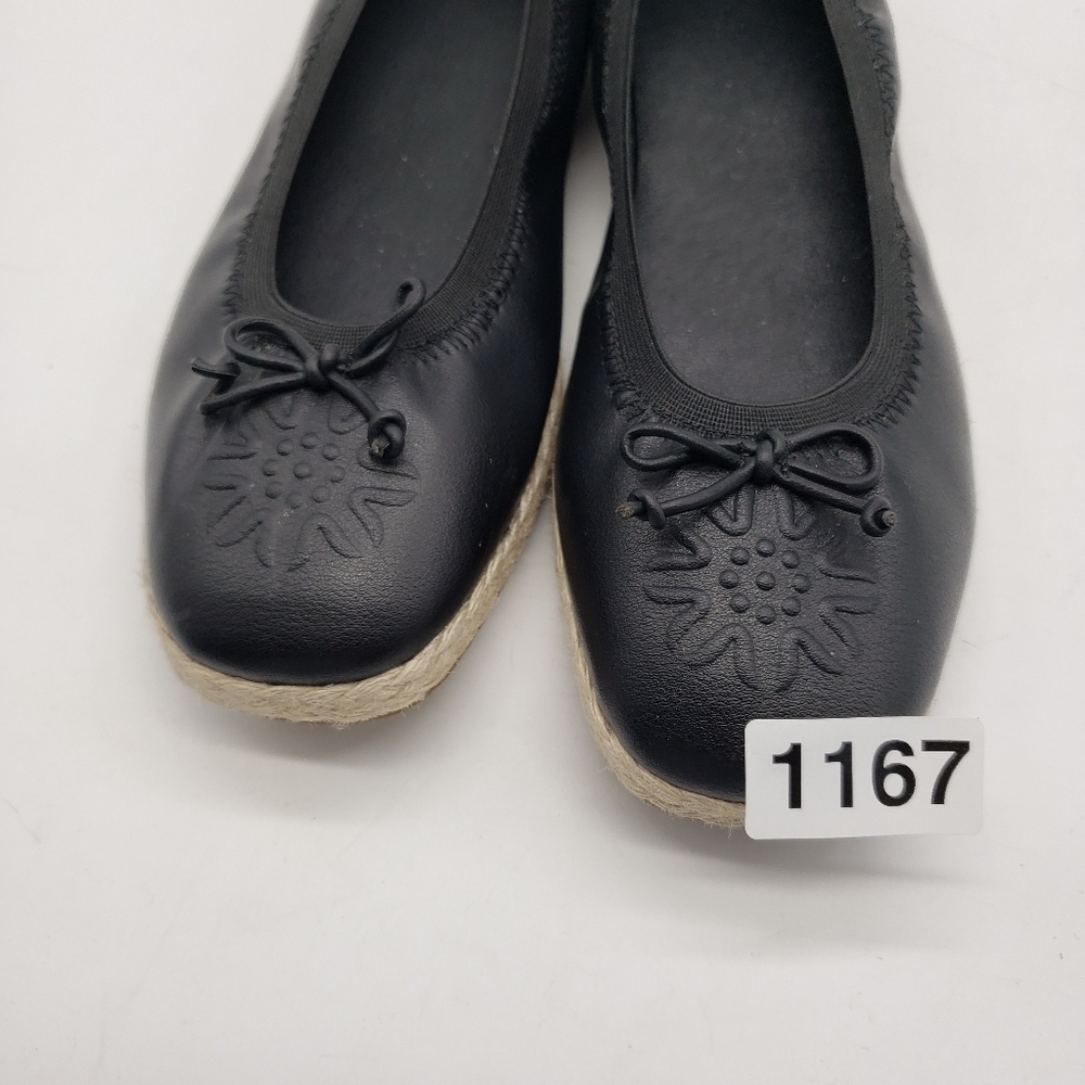 Frye and Co. espadrille flats Women US 7 Black faux leather cream raffia trim - Picture 11 of 11